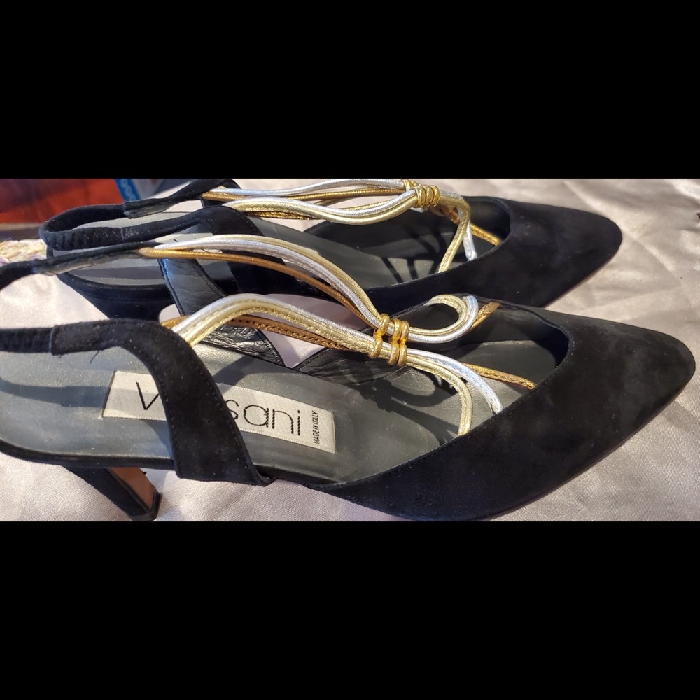 Versani Vintage Italian Point Heels Suede black gold and silver 7.5B